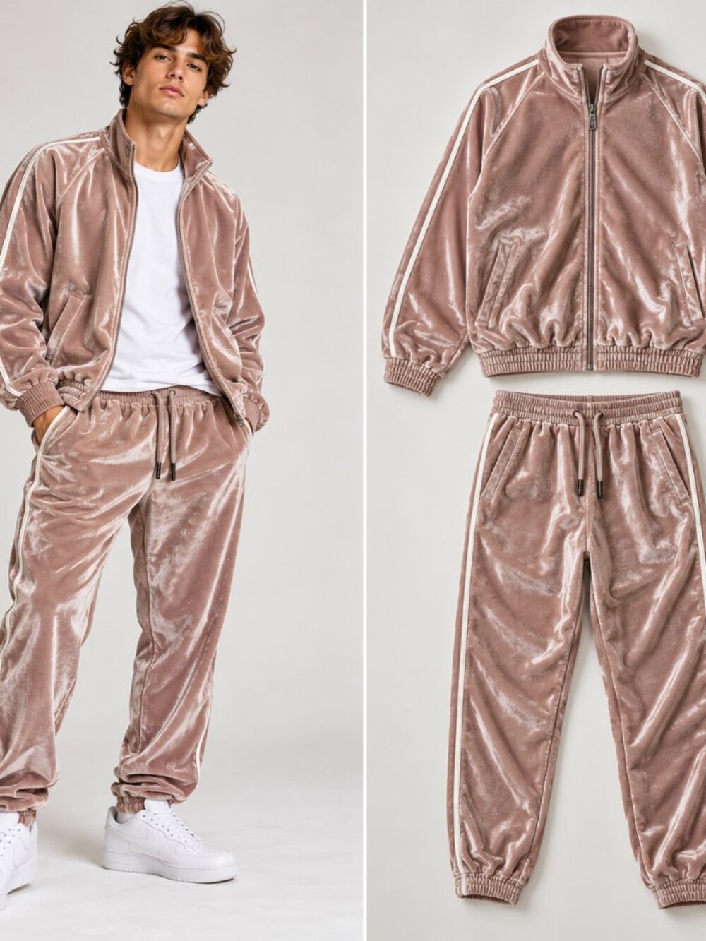 Pro Club Mens Velvet Tracksuit Set L Pink Champagne Y2K Velour Streetwear